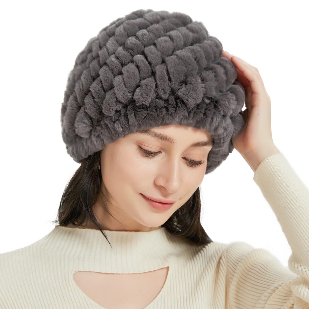 9855 Rabbit Fur Hat Furry Knit Beanie Hat Warm Winter Hat Ski Skull Cap